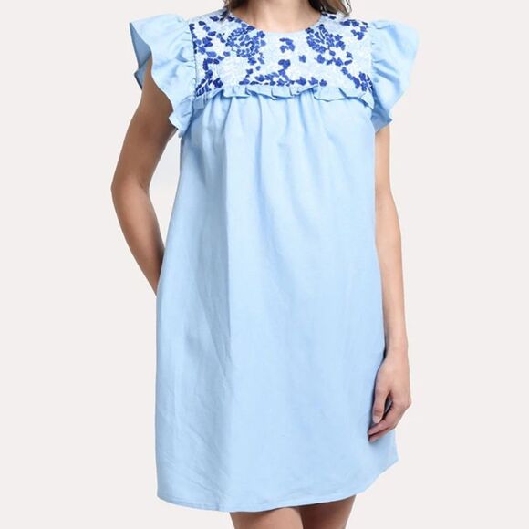 J.Marie Palmer Blue Dress with Floral Embroidery with Pockets in Size Small - Picture 2 of 11